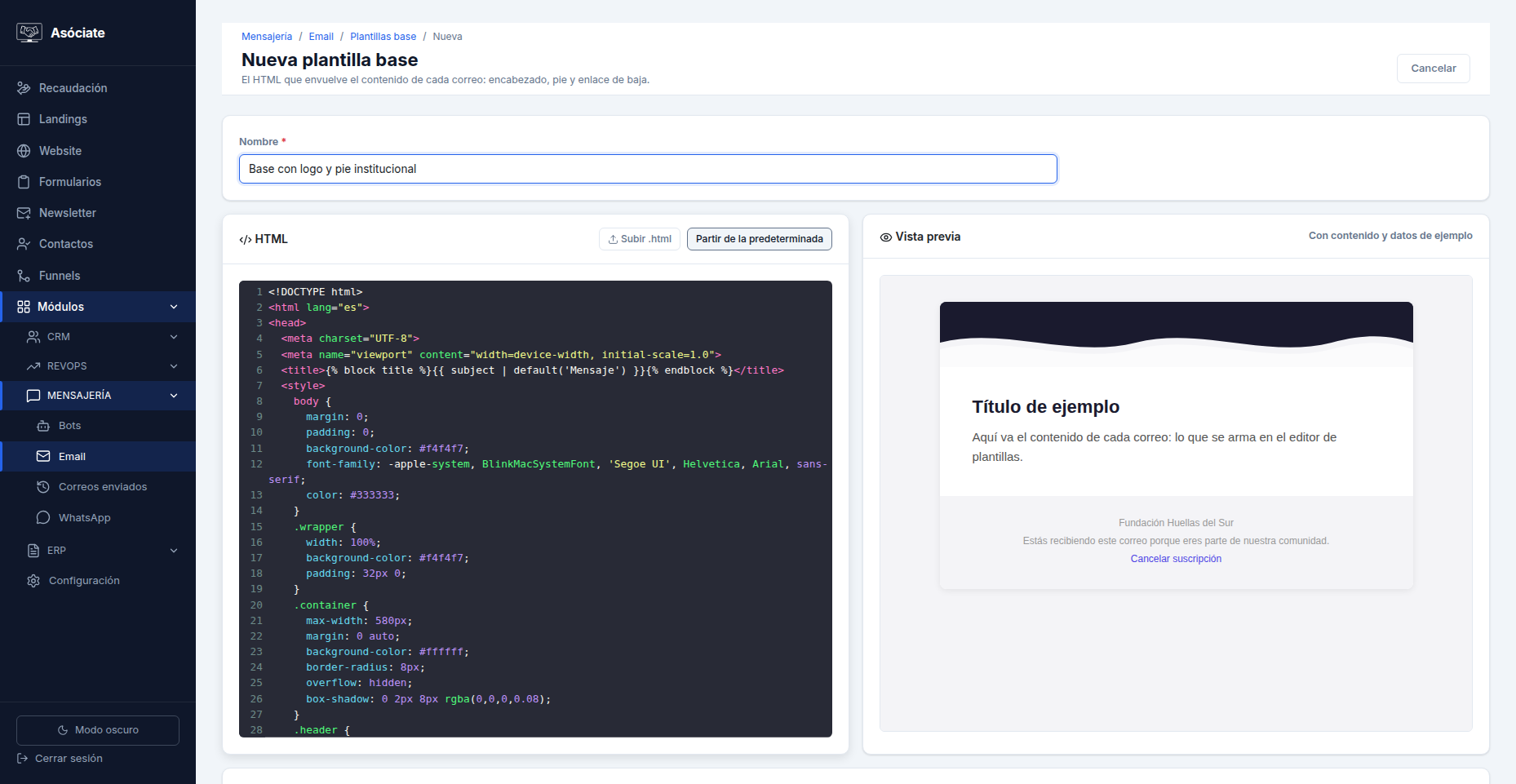 Editor de plantilla base con vista previa