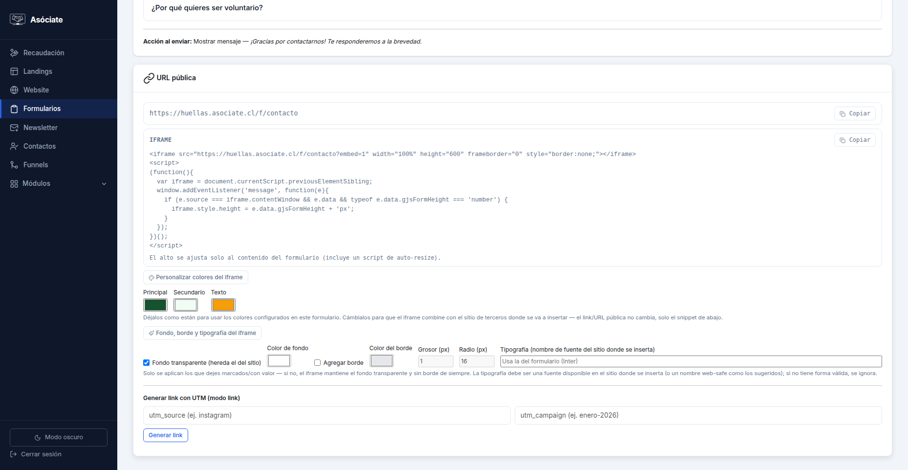Código del iframe y opciones de estilo