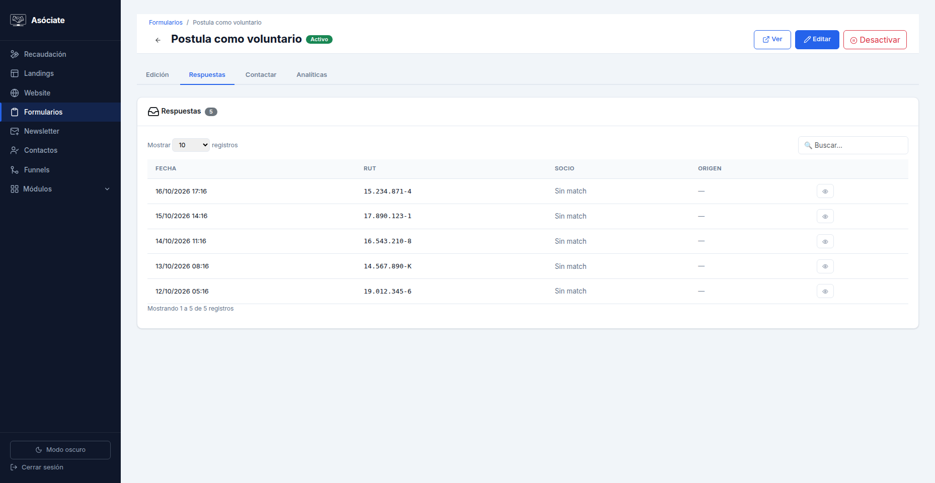 Pestaña Respuestas de un formulario