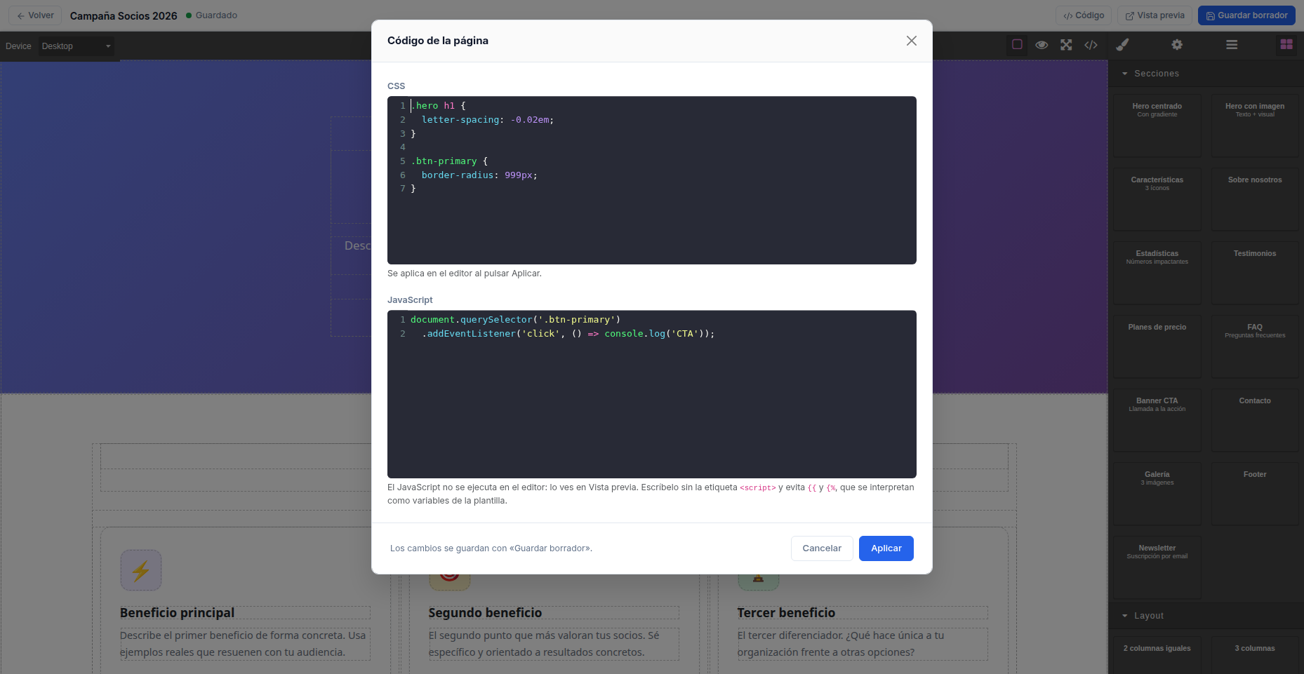 Modal Código del editor visual