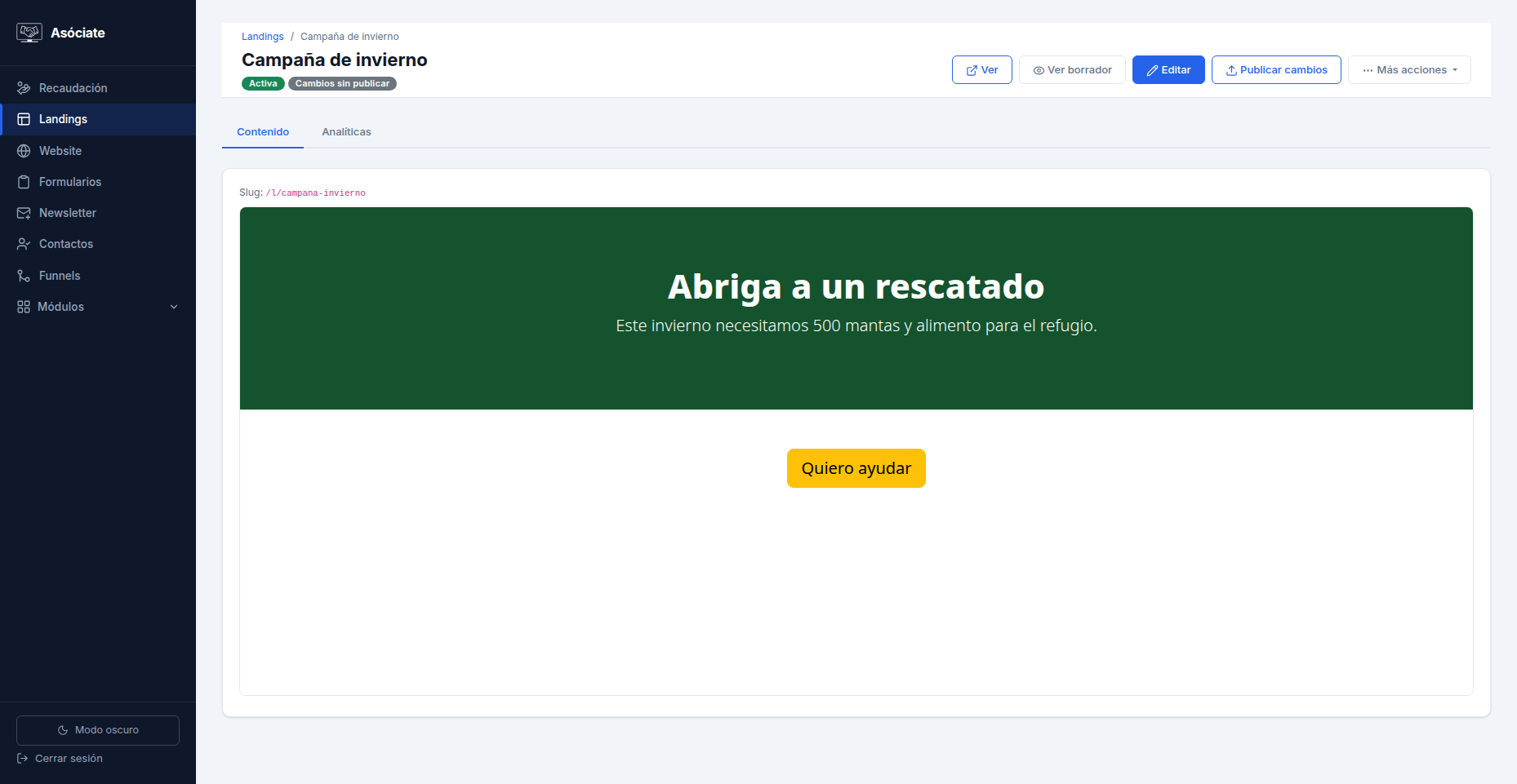 Detalle de una landing con cambios sin publicar