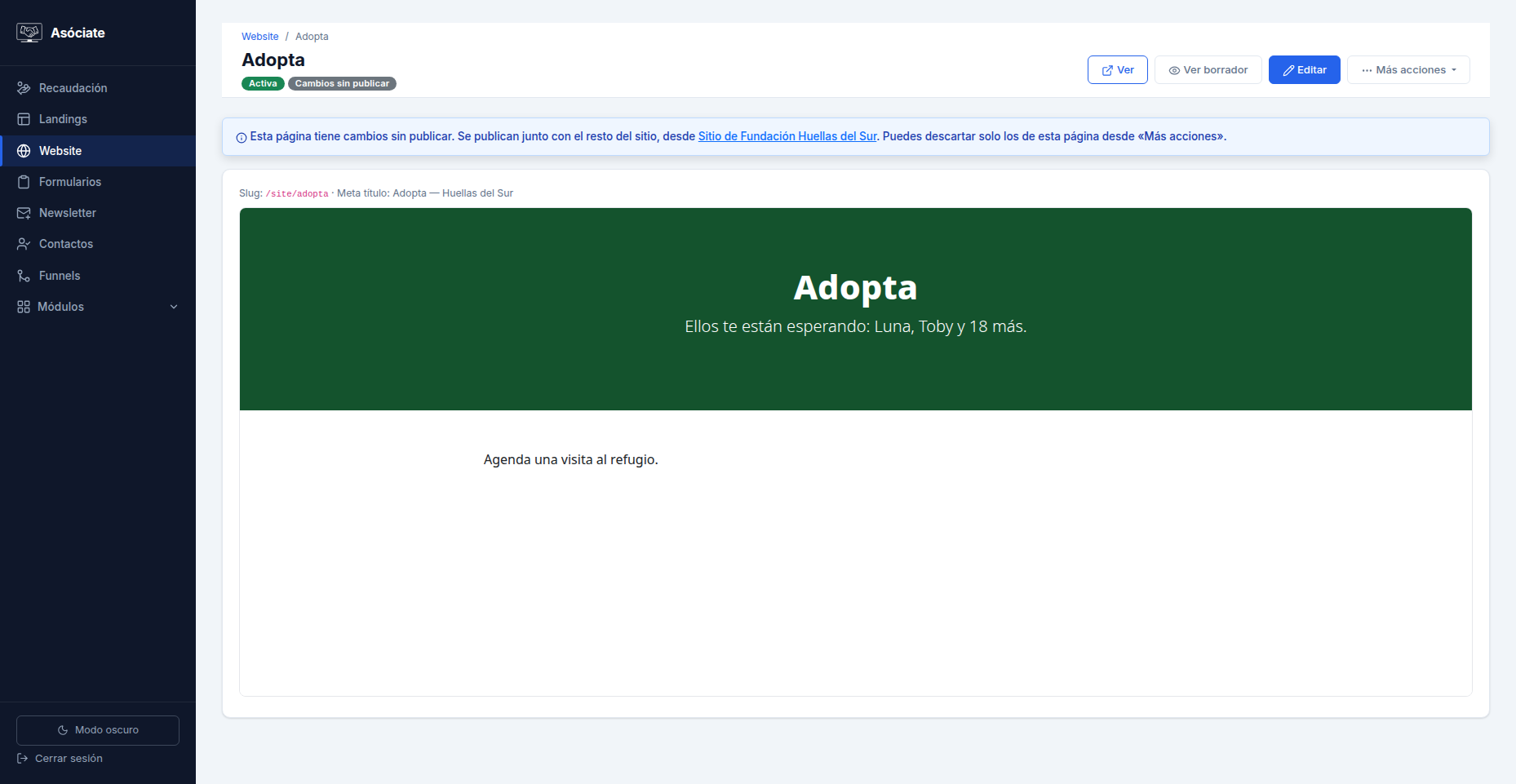 Detalle de una página con cambios sin publicar